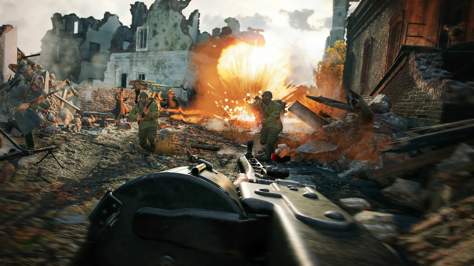 Infantry soldiers charging past a burning explosion through ruined WWII streets in Enlisted