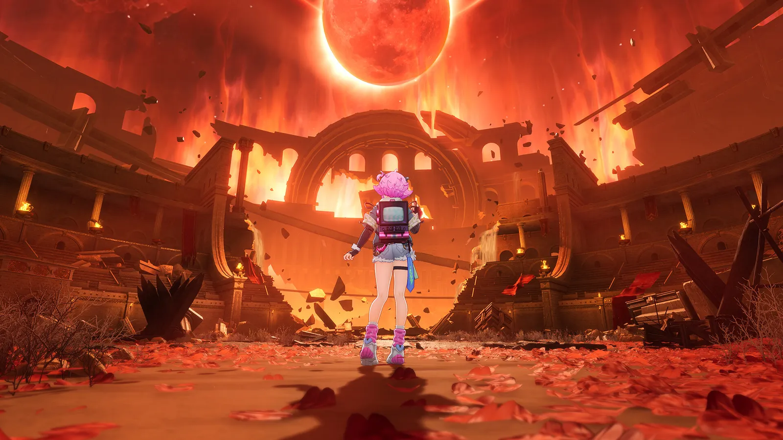 A character standing before ruined arena stands under a giant red moon in NTE: Neverness to Everness