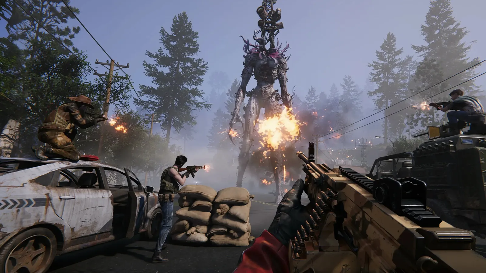 Survivors firing weapons from behind a wrecked car at a towering monster in a foggy town in Once Human
