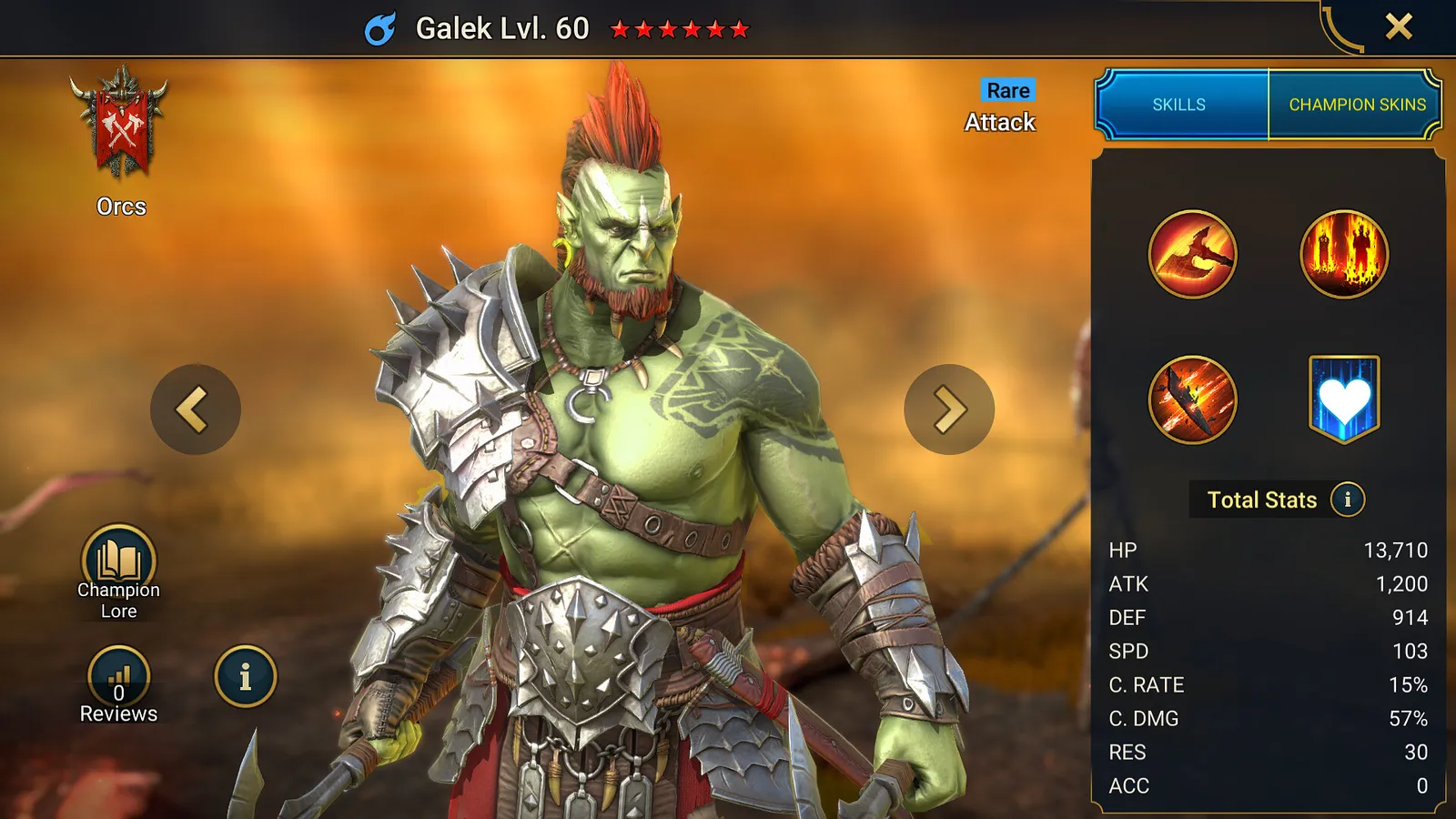 Champion details screen showing the orc champion Galek at level 60 with his skills and stats in Raid: Shadow Legends