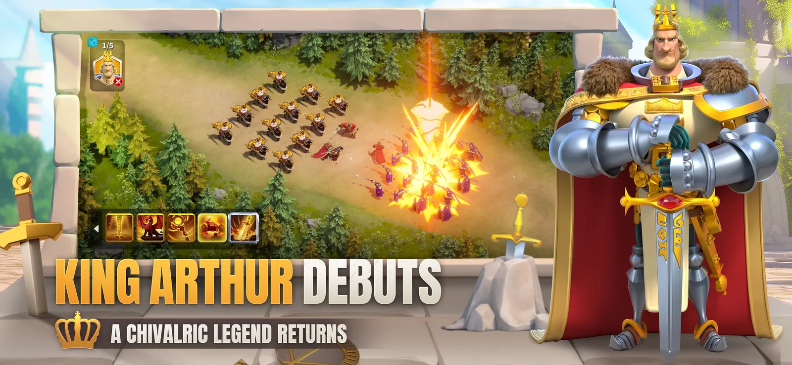 In-game battle screenshot captioned 'King Arthur Debuts' showing cavalry and a burning skirmish in Rise of Kingdoms