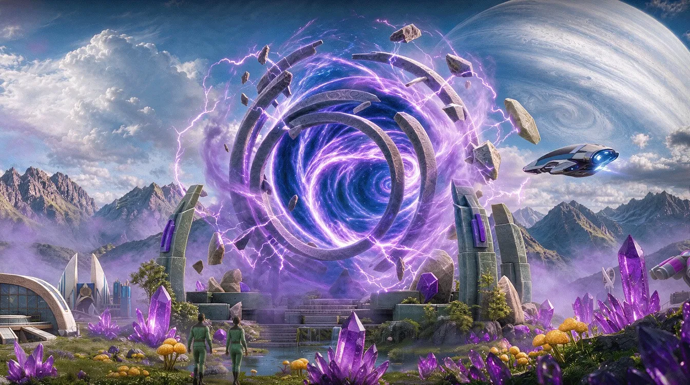 A swirling purple Iconian Gateway portal opens near a base and starship on an alien planet in Star Trek Fleet Command