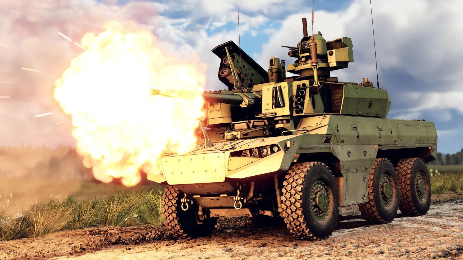 Six-wheeled armored vehicle firing its cannon with a large muzzle blast on a dirt track in War Thunder