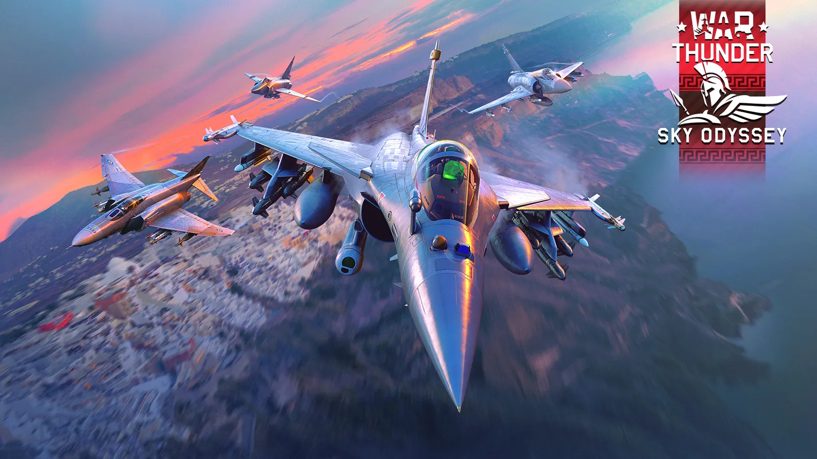Greek-marked jet fighters flying in formation over a coastline, with the War Thunder Sky Odyssey logo