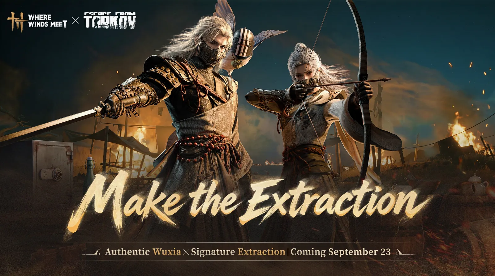 Two wuxia-armored fighters with sword and bow standing before a burning camp, with Where Winds Meet x Escape from Tarkov collaboration logos